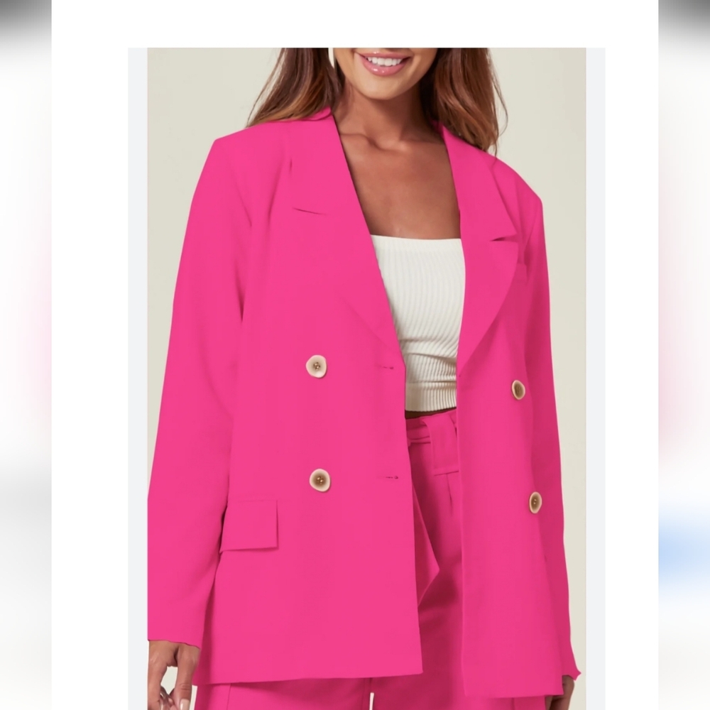 Nique Hot Pink Double-Breasted Blazer with Gold Buttons